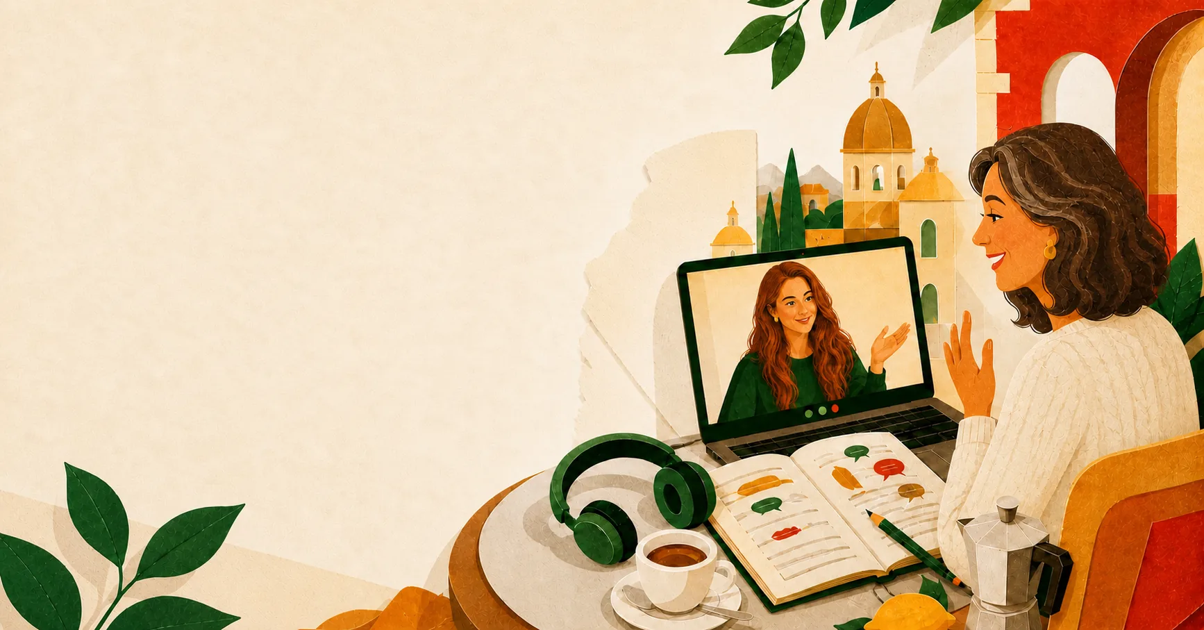 An adult learner joins a colourful online Italian lesson from home.